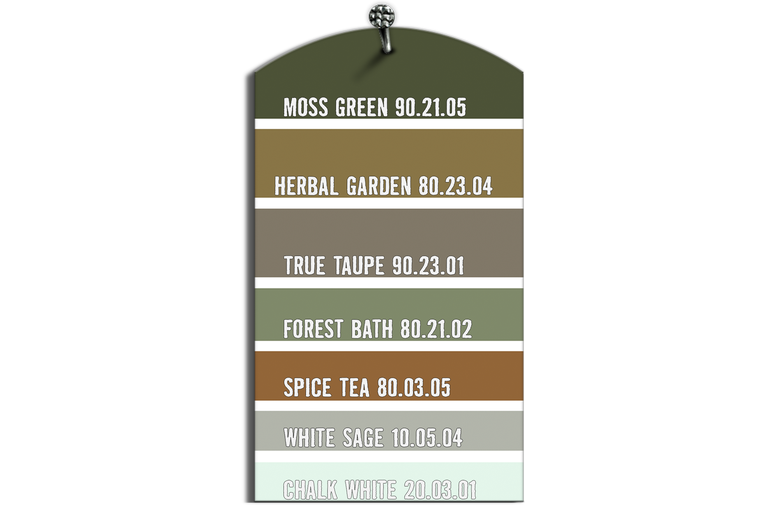 Kleurenkaart met de kleuren Mosgroen, Kruidentuin, True Taupe, Bosbad, Specerijenthee, Witte Salie en Krijtwit