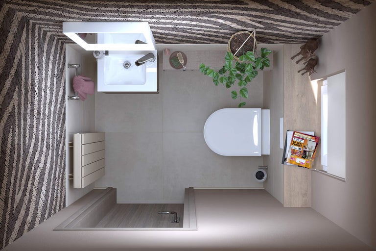 Badkamer met wastafel, toilet en douche in licht design met patroonaccenten