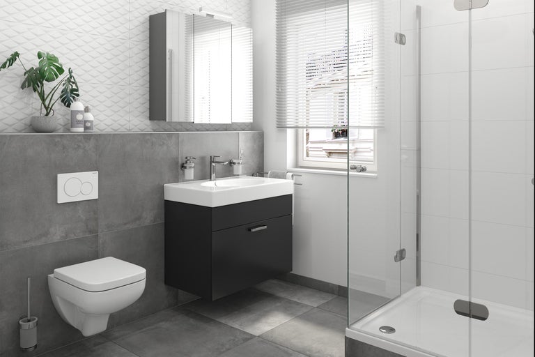 Moderne badkamer met wastafel, spiegelkast, toilet en douche