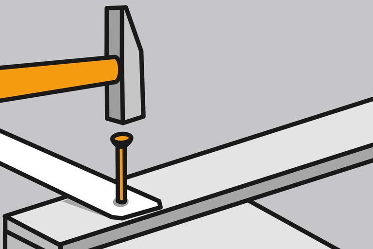 Illustratie van een hamer die een spijker in een houten plank slaat