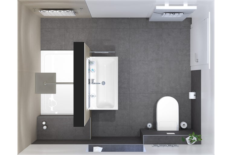 Bovenaanzicht van een badkamer met bad, douche en toilet