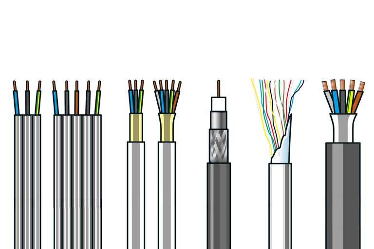 Diverse elektrische kabels en leidingen in doorsnede.