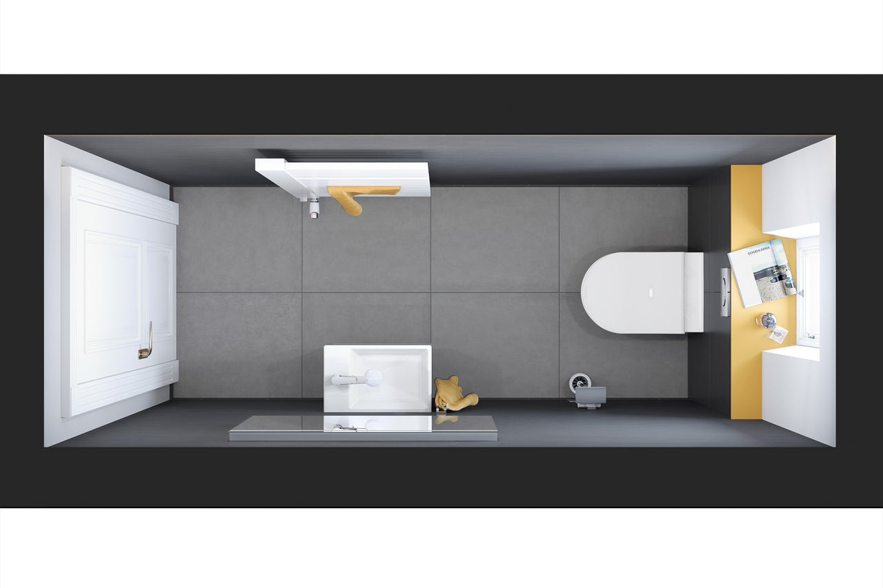 Bovenaanzicht van een badkamer met toilet, wastafel en douche