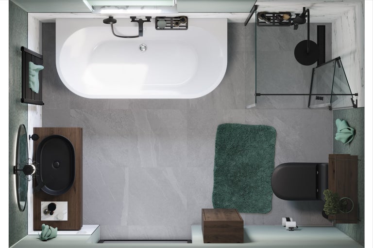 Vogelperspectief van een badkamer met bad, douche, wastafel en toilet