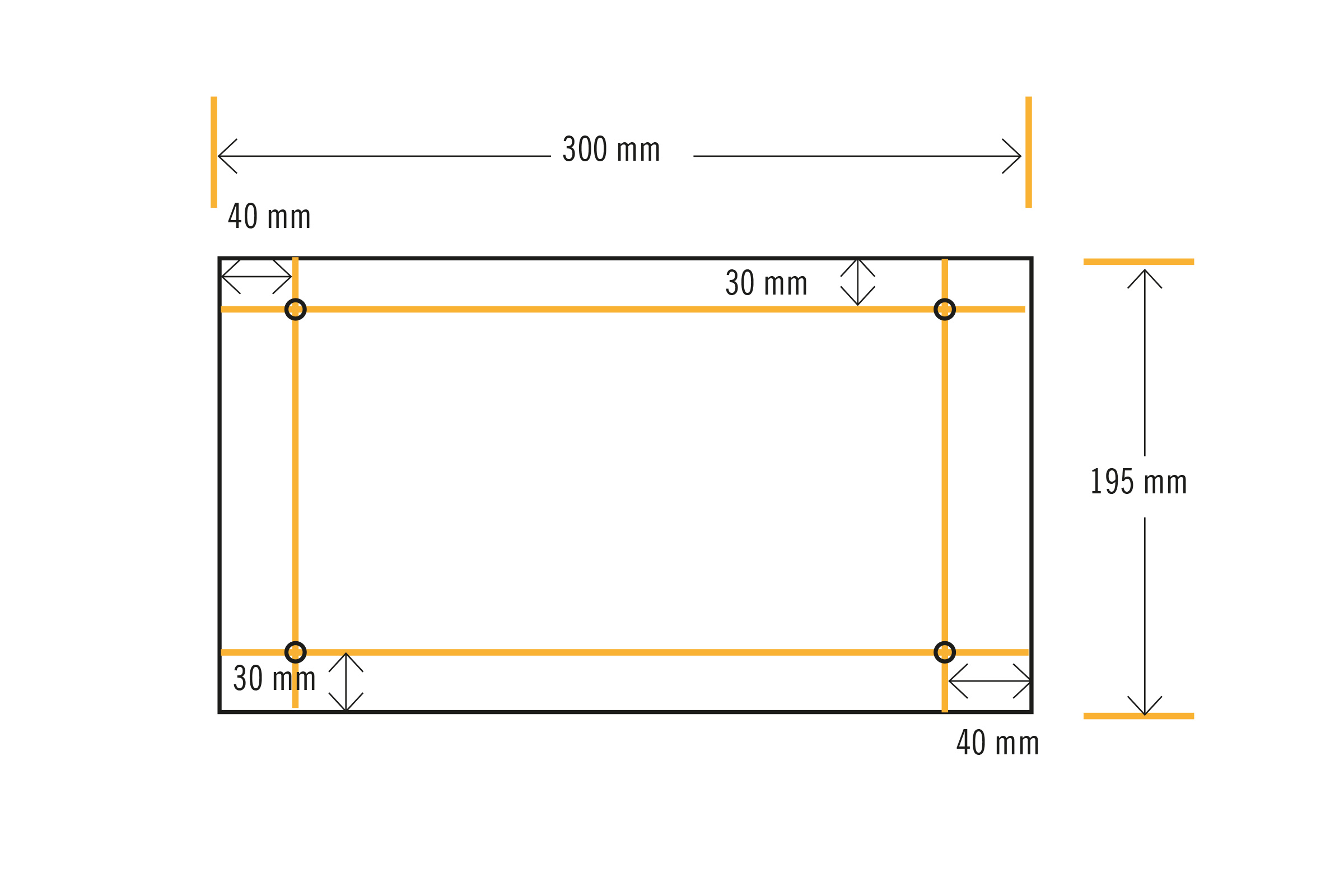 Technische tekening met afmetingen: 300 mm breed en 195 mm hoog
