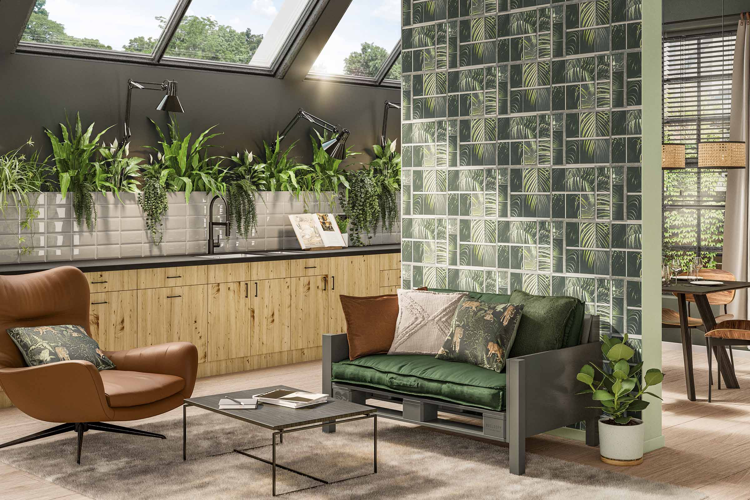 Woonkamer met meubels in natuurlijk design, waaronder een bank van pallets, een fauteuil en een eettafel.
