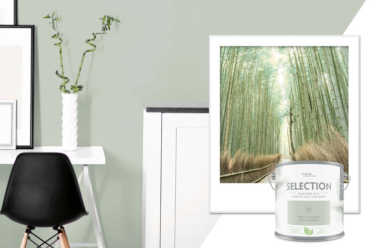Woonkamer met bamboedecoratie en Style Color Selection muurverf mat kracht van bamboe
