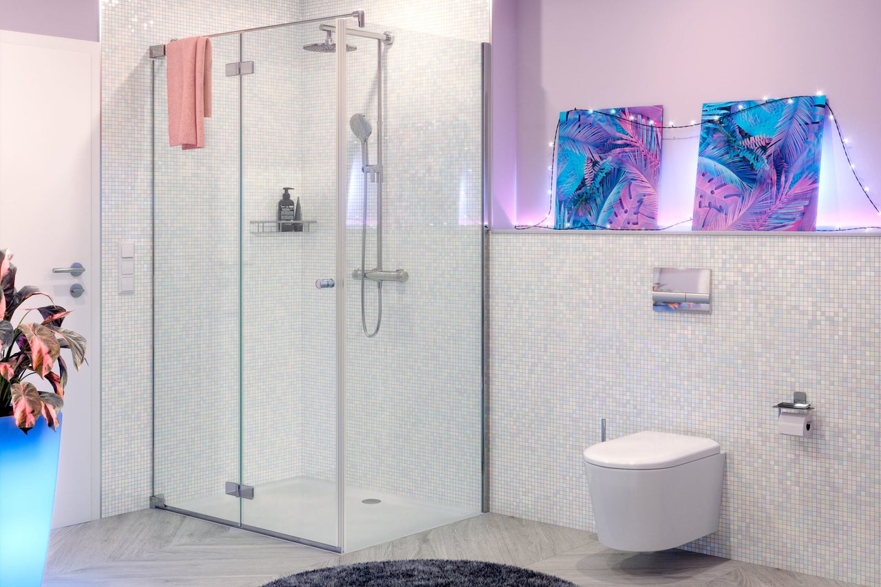 Badkamer met douchecabine, toilet en decoratie