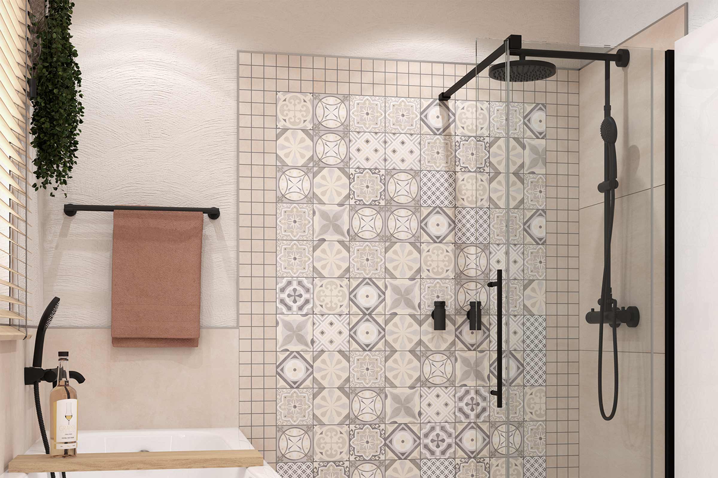 Lichte badkamer met douche, betegeld met patronen en handdoekenrek