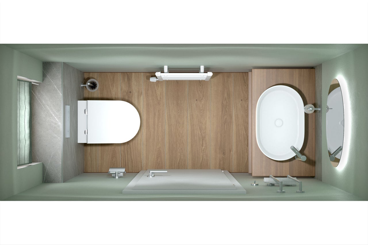 Bovenaanzicht van een moderne badkamer met wandcloset, ovale opzetwastafel op een houten console, vloer met houtlook en een ronde spiegel.