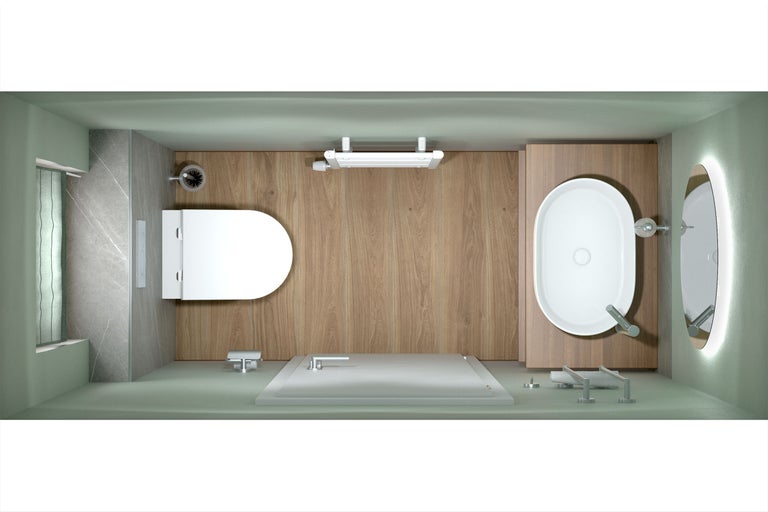 Bovenaanzicht van een moderne badkamer met wandcloset, ovale opzetwastafel op een houten console, vloer met houtlook en een ronde spiegel.