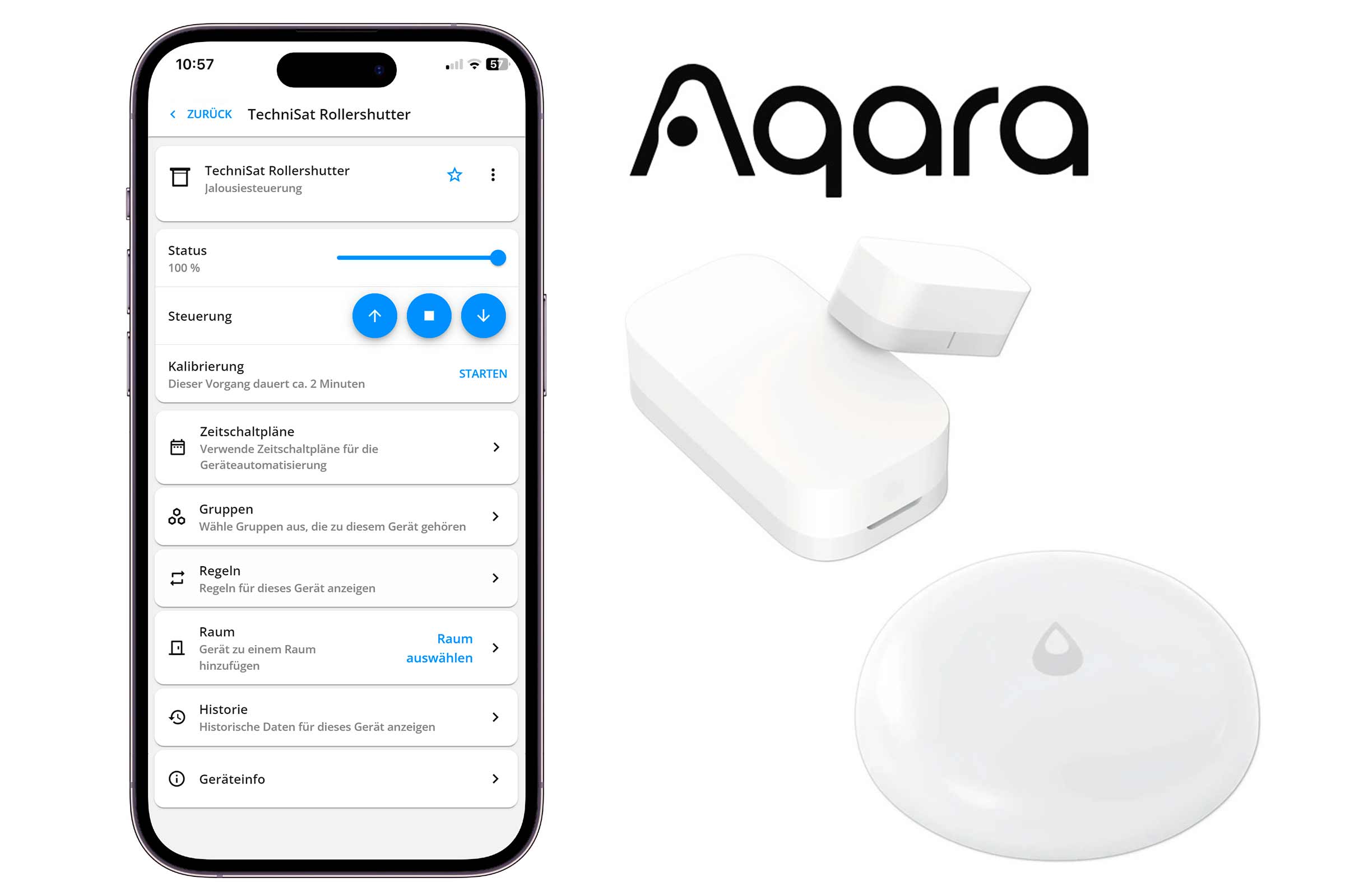 Aqara logo, smartphone weergave van de TechniSat rolluikbediening en Aqara watersensor en Aqara deur- en raamsensor