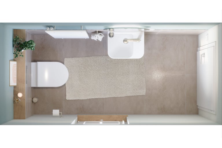 Bovenaanzicht badkamer met toilet, wastafel en badmat