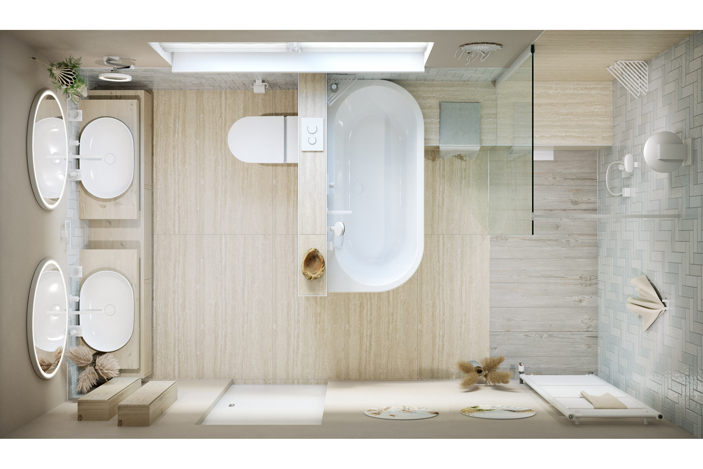 Vogelperspectief van een badkamer met bad, douche, wastafel en toilet.