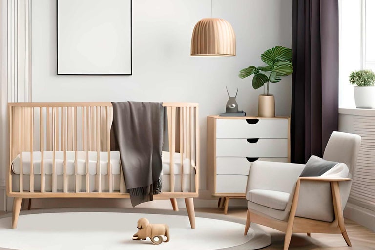 Lichte kinderkamer met houten wieg, commode, fauteuil en decoratie
