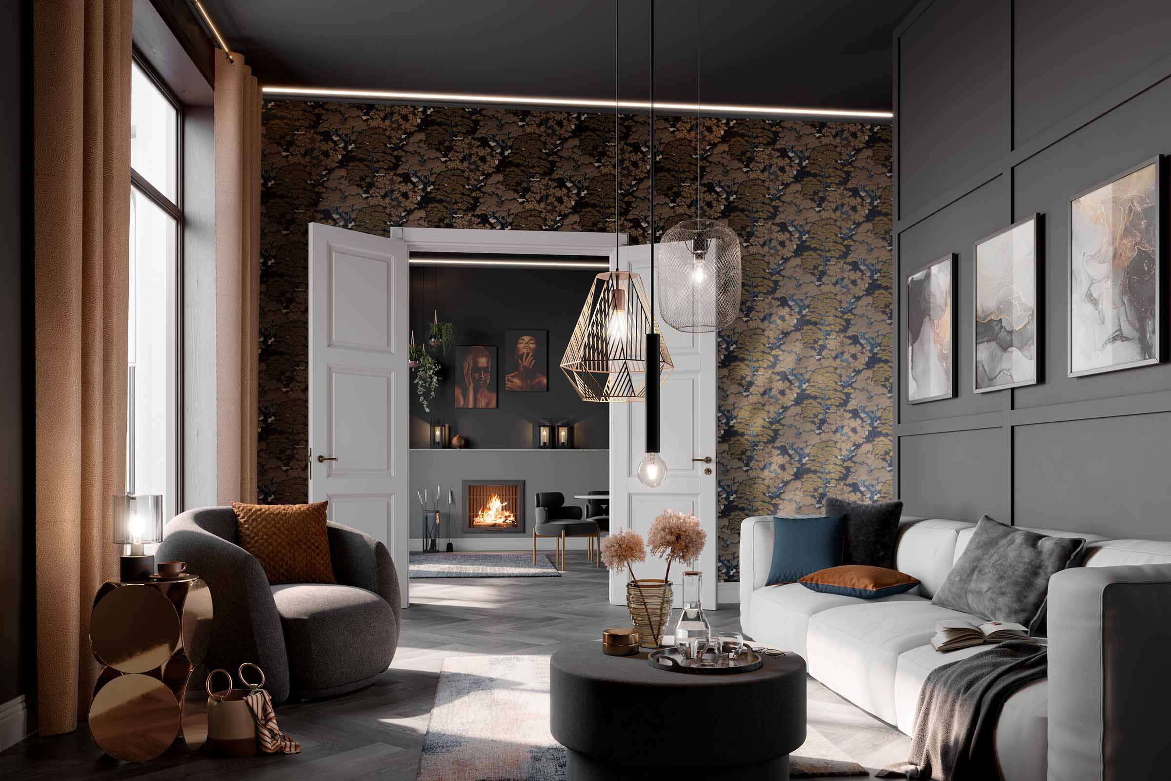 Woonkamer met bank, fauteuil, verlichting en decoratie