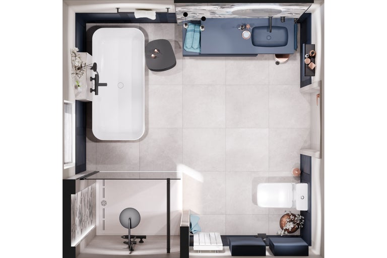 Bovenaanzicht van een badkamer met ligbad, wastafel, douche en toilet