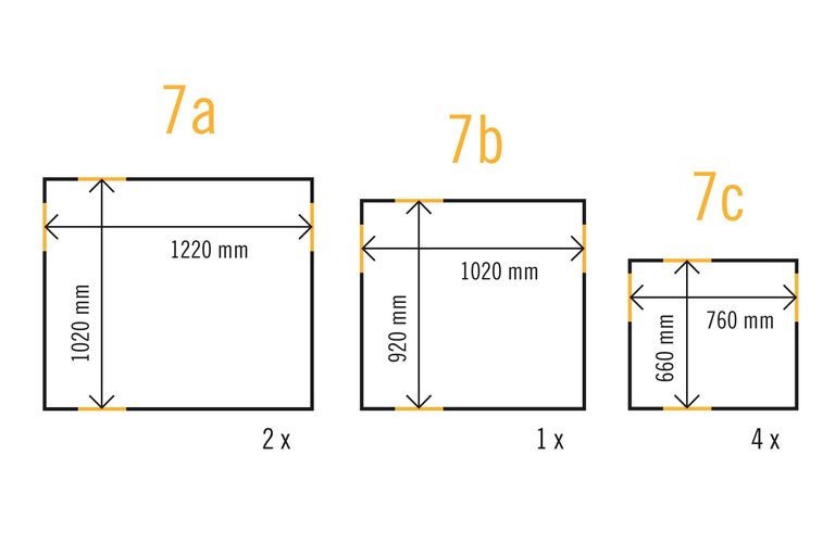 Schematische weergave van de formaten 7a, 7b en 7c met afmetingen in millimeters