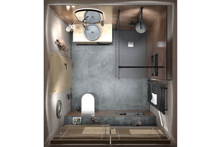 Bovenaanzicht van een badkamer met douche, wastafel, toilet en radiator