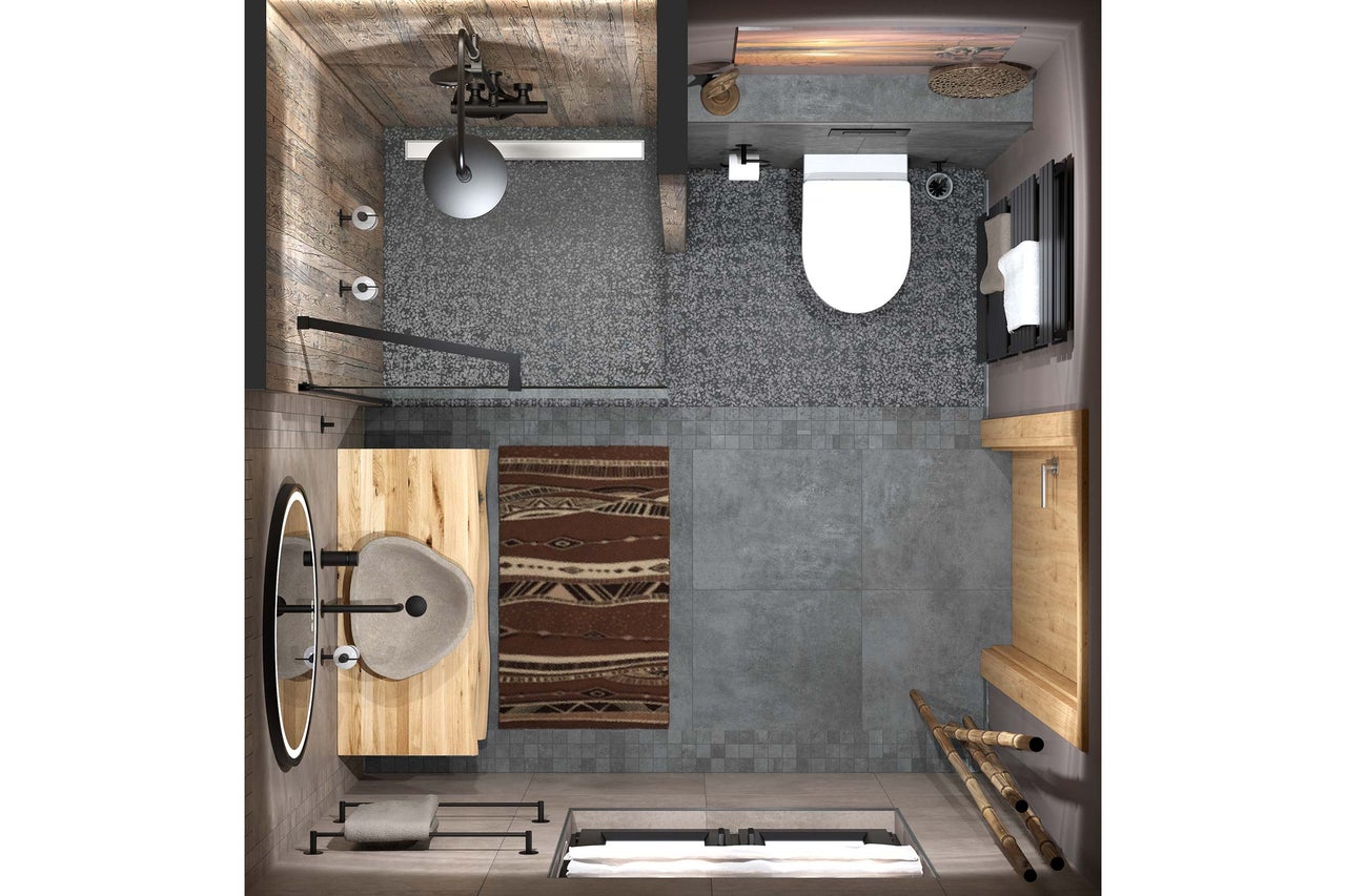 Bovenaanzicht van een badkamer met inloopdouche, stenen waskom op houten blad, hangend toilet en grijze vloertegels.