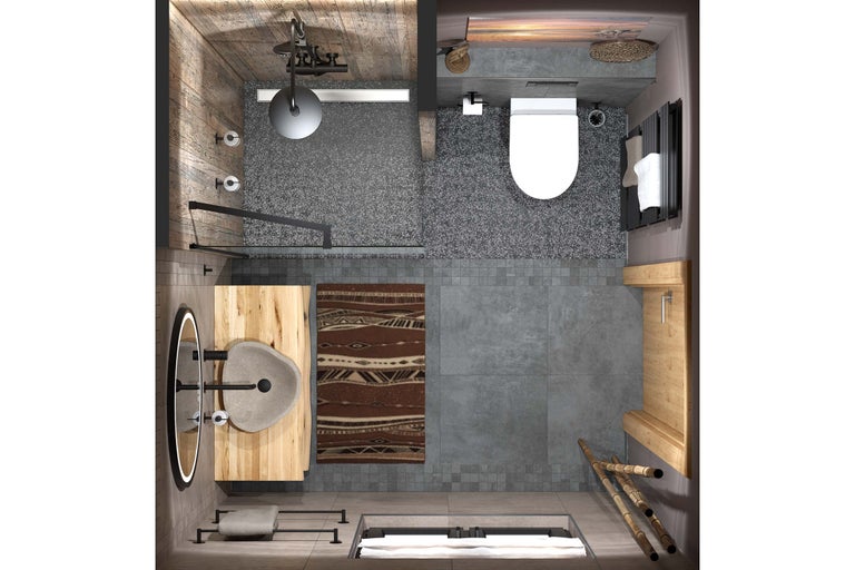 Bovenaanzicht van een badkamer met inloopdouche, stenen waskom op houten blad, hangend toilet en grijze vloertegels.