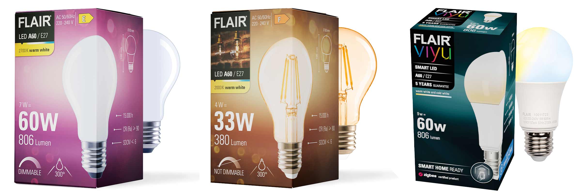 Diverse Flair lampen A60 E27 met verschillende wattage en lichtkleur