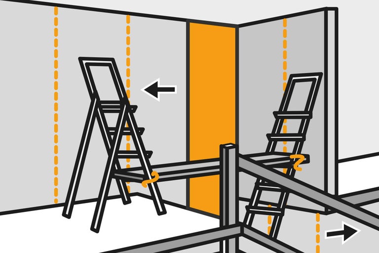 Illustratie toont het verplaatsen van isolatieplaten tussen twee ladders.