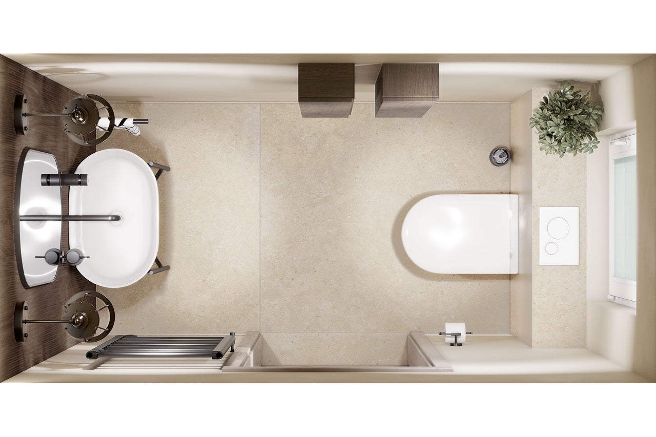 Bovenaanzicht van een moderne badkamer met ovale wastafel, hangend toilet, donkere kranen en beige tegels met steenlook.