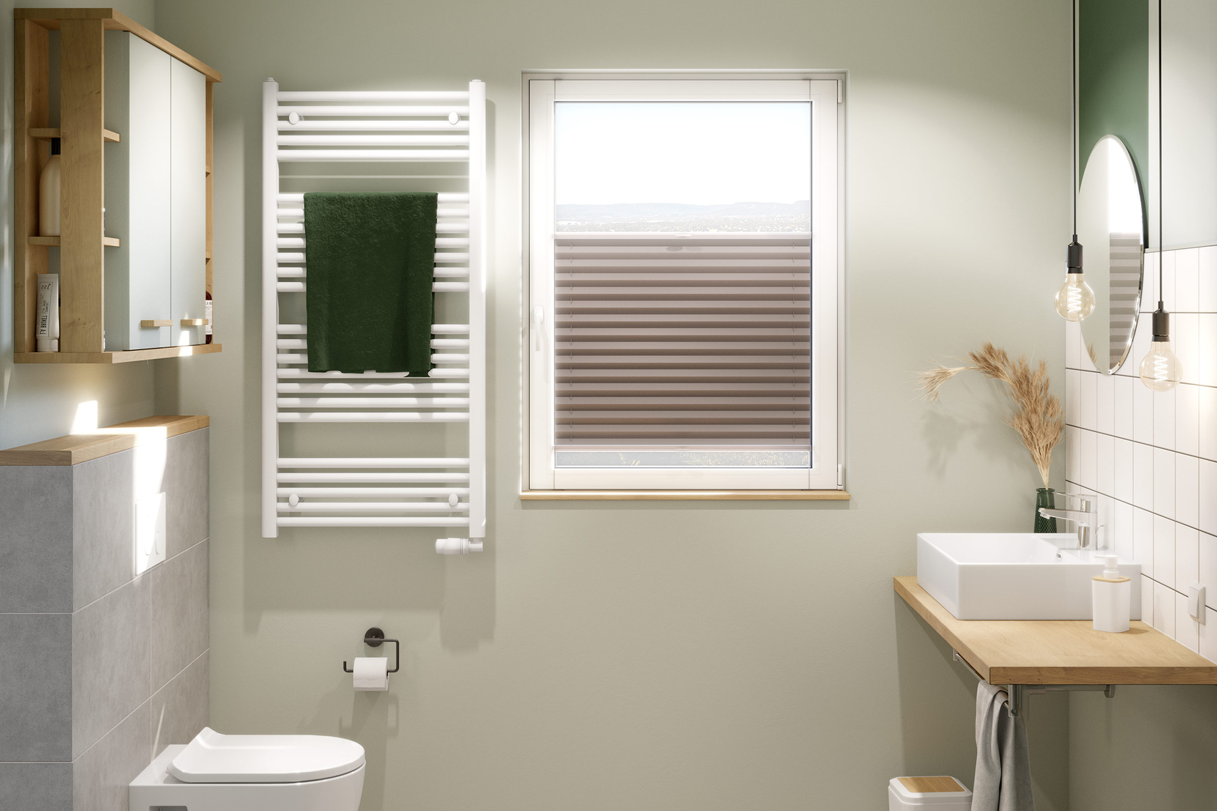 Badkamer met wastafel, spiegel, radiator en raam met plisségordijn