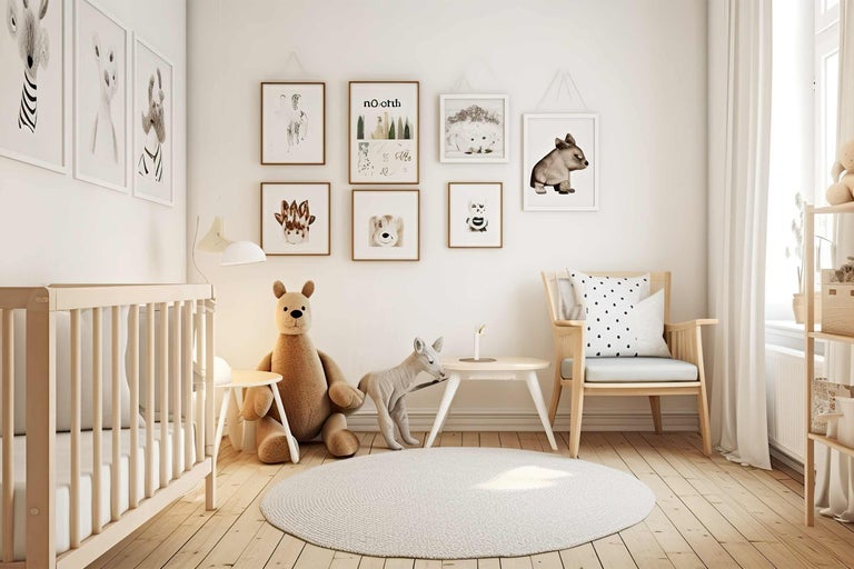 Kinderkamer met babybedje, vloerkleed en dierenafbeeldingen aan de muur.