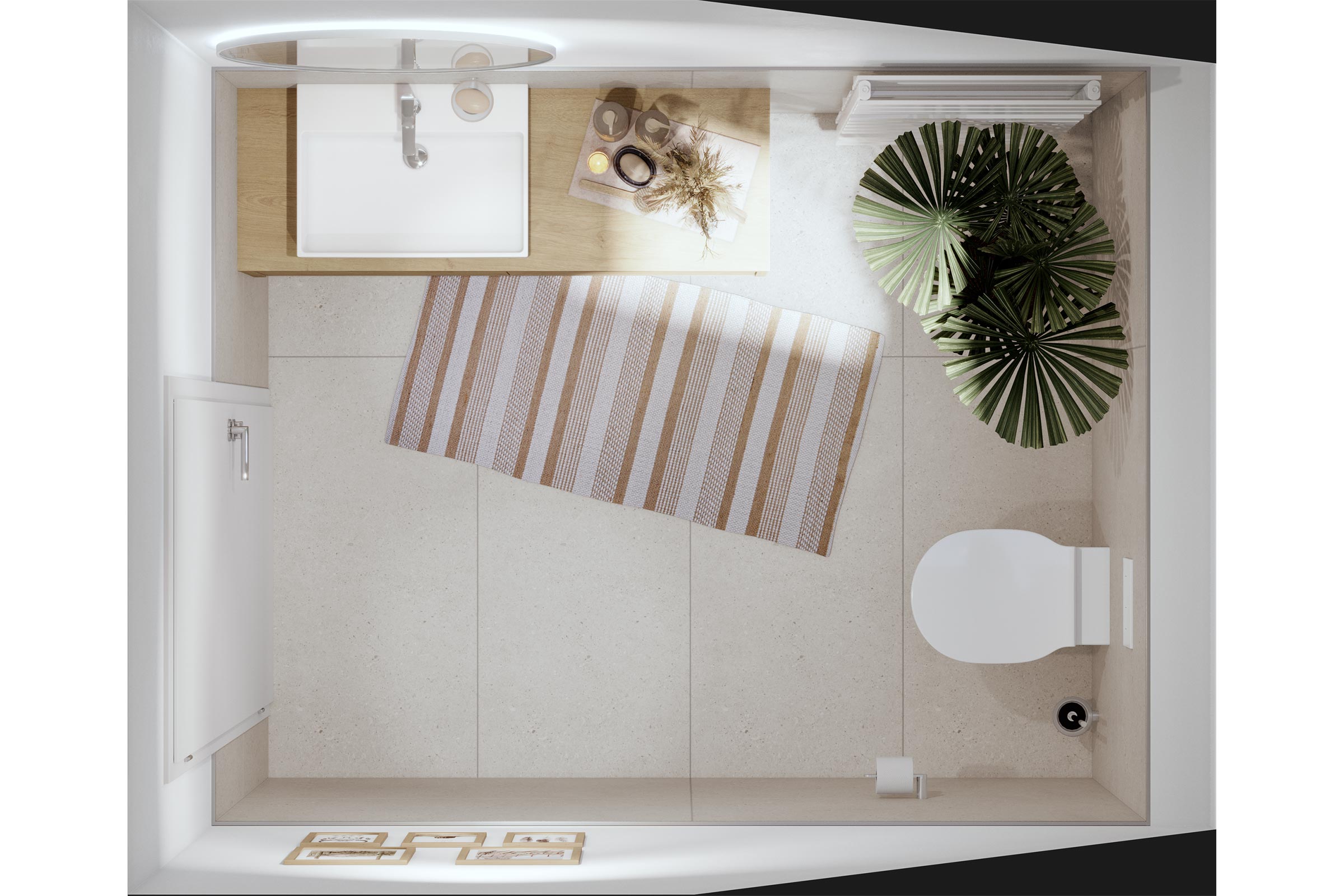 Bovenaanzicht van een badkamer met wastafel, spiegel, handdoekradiator, toilet, badmat en kamerplant