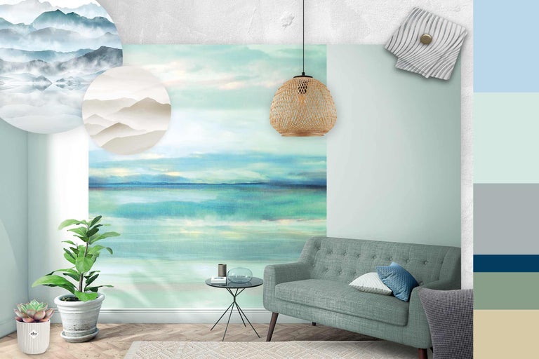 Lichte woonkamer met bank, tafel, kamerplanten, wanddecoratie en kleurvoorbeelden