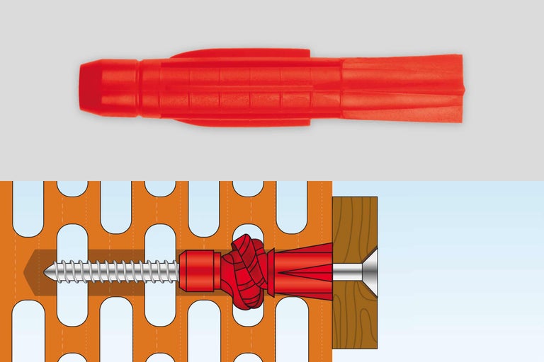 Kunststof spreidplug en weergave van de montage in geperforeerde baksteen