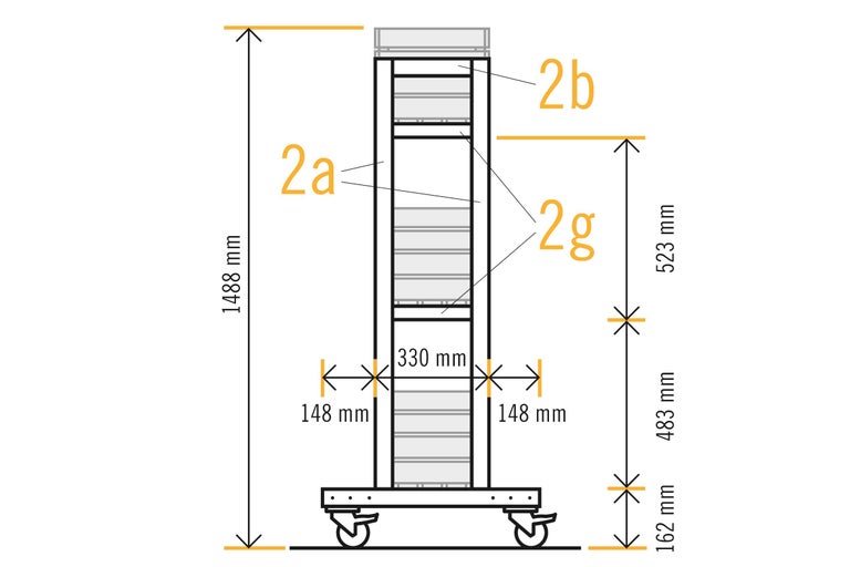 Technische tekening van een werkplaatskast met afmetingen