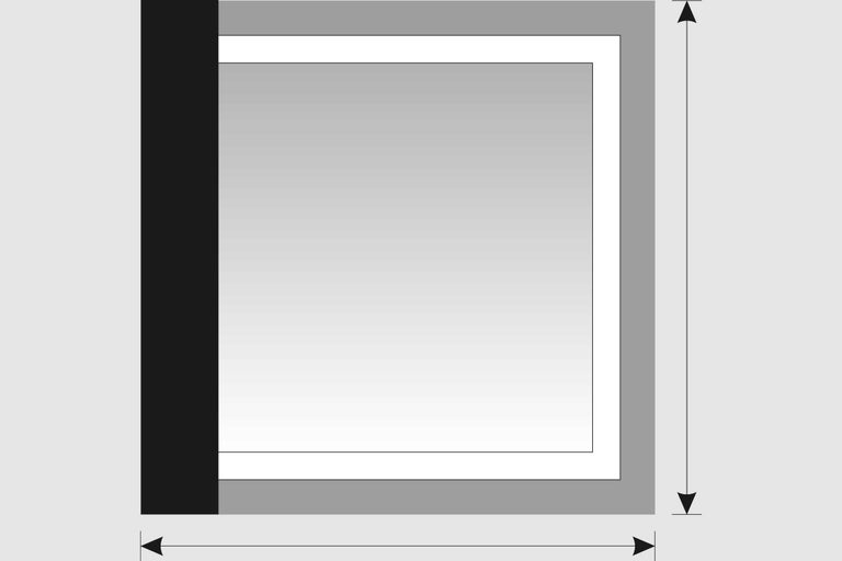 Illustratie van een douchewand met breedte- en hoogte-aanduidingen