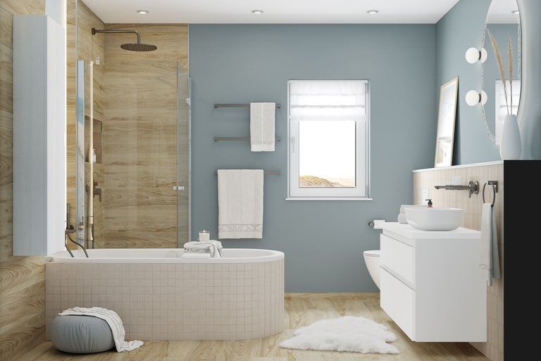 Moderne badkamer met bad, wastafel, toilet en douche