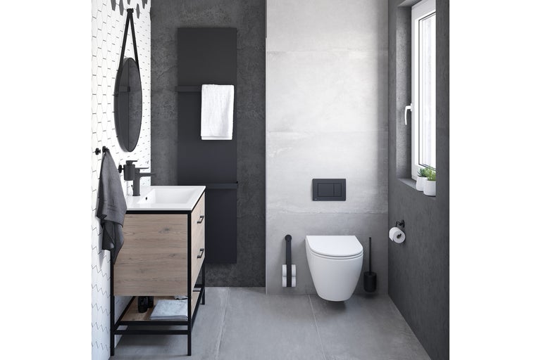 Moderne badkamer met wastafel, verwarming, spiegel en wandcloset