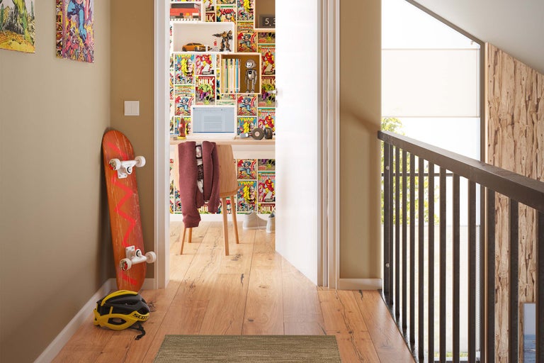 Hal met bureau, skateboard en stripbehang