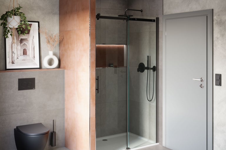 Moderne badkamer met douche, toilet en decoratie