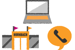 Symbolische weergave van laptop, Hornbach bouwmarkt en telefoongesprek