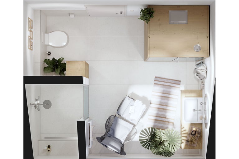 Vogelperspectief van een badkamer met douche, toilet, wastafel, sauna en zitplaatsen