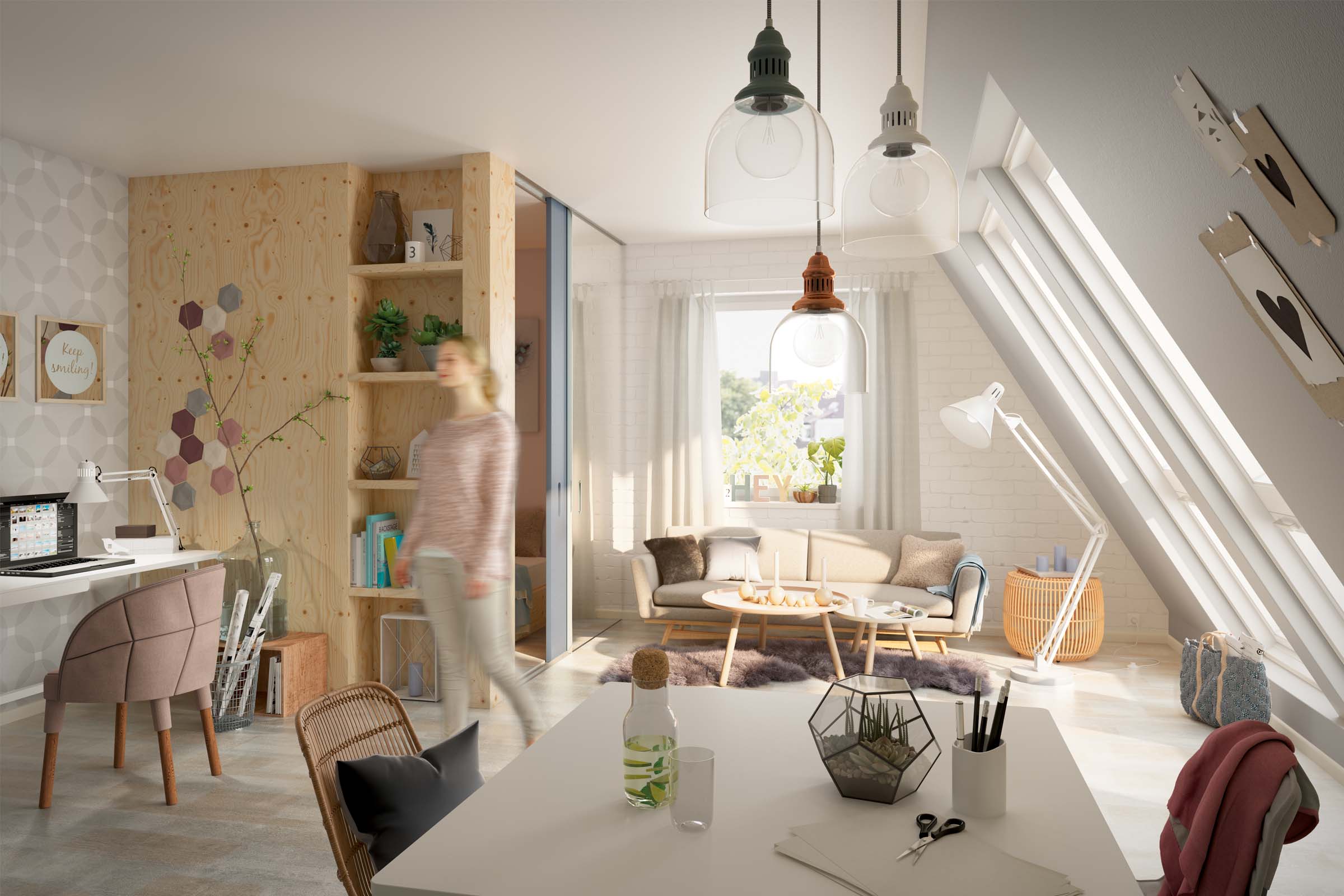 Lichte zolderkamer met werkplek, zithoek en houten rek
