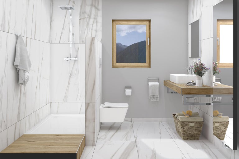 Moderne badkamer met douche, toilet, wastafel en raam