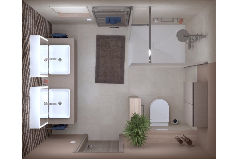 Bovenaanzicht van een badkamer met wastafels, douche en toilet