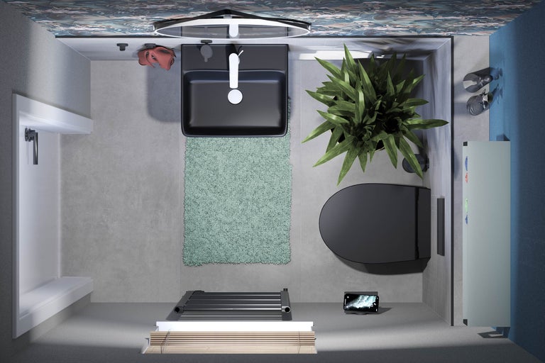 Vogelperspectief van een badkamer met wastafel, toilet, douchecabine, radiator, badmat en plant