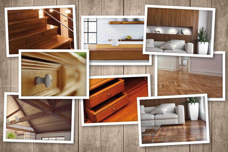 Collage van interieurfoto's op houten achtergrond