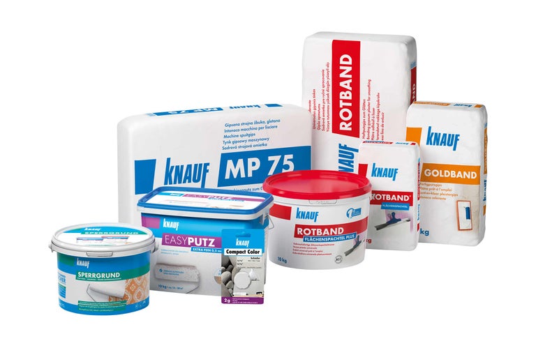 Productoverzicht van verschillende Knauf producten zoals pleister, plamuur en primer