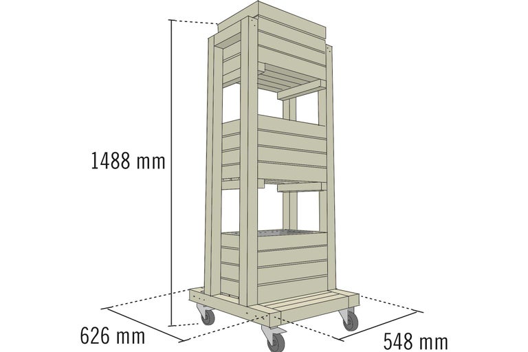Afbeelding van een rolbaar hoogbedframe met de afmetingen 1488 millimeter hoogte, 626 millimeter breedte en 548 millimeter diepte.