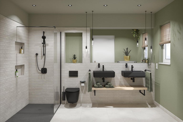 Badkamer met douche, toilet, wastafel en spiegel