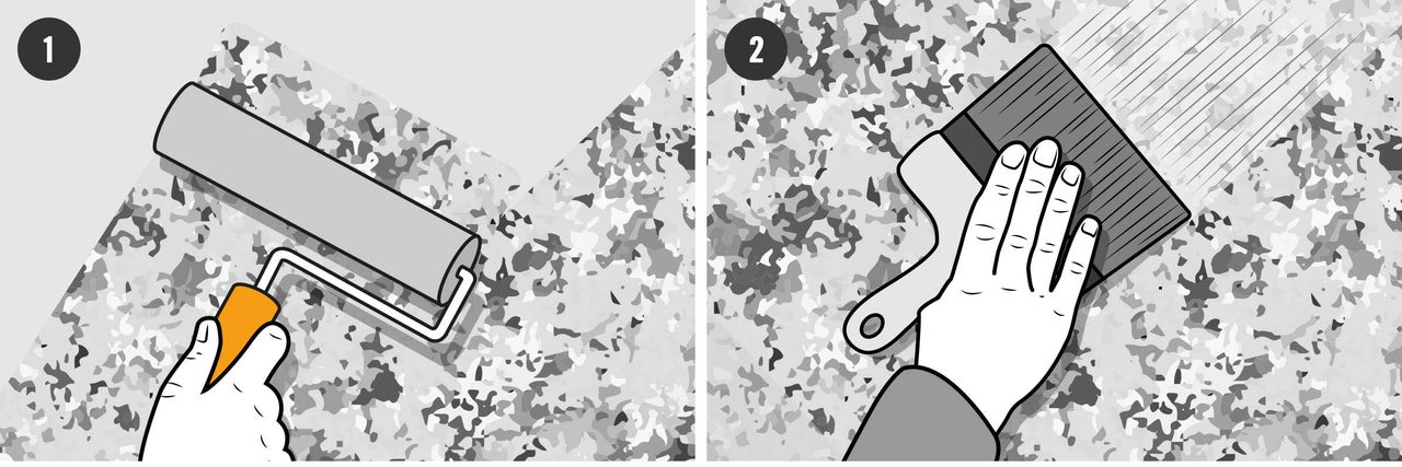 Illustratie toont het aanbrengen van verf met een verfroller en een kwast.